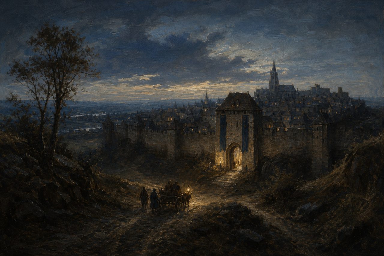 Travellers arriving at a lit city gate at dusk