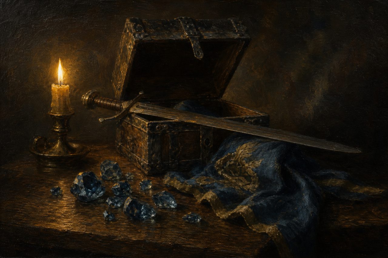 An open chest, a sword and a scattering of gemstones by candlelight