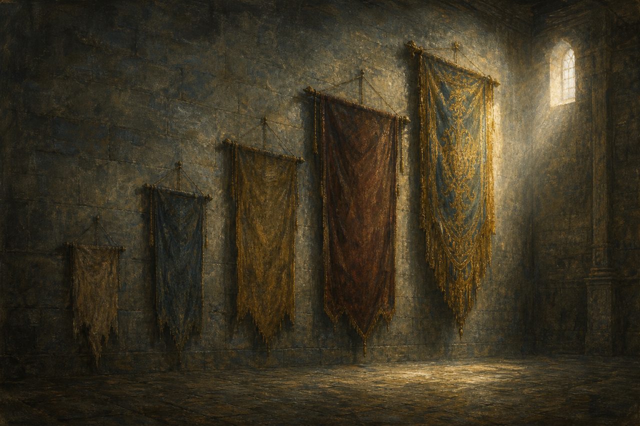 Five banners of rising size along a hall wall