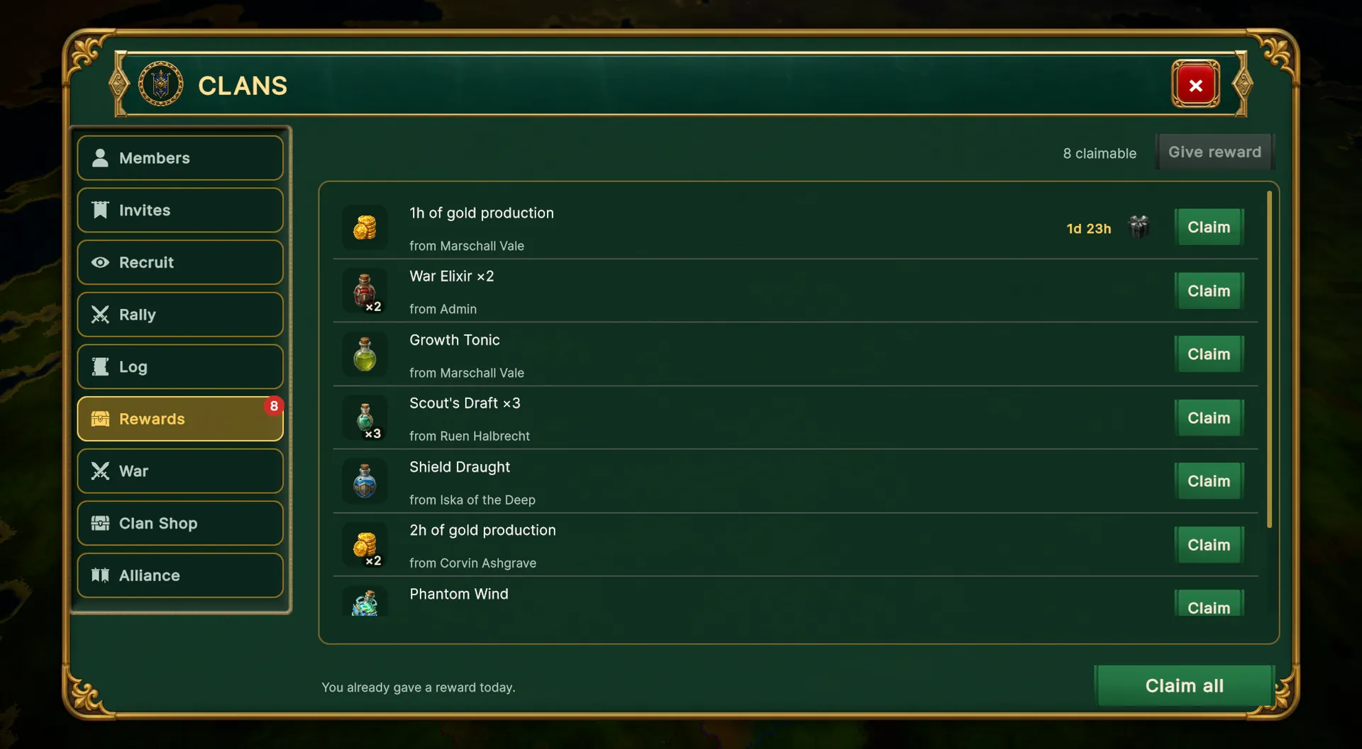 The clan rewards queue