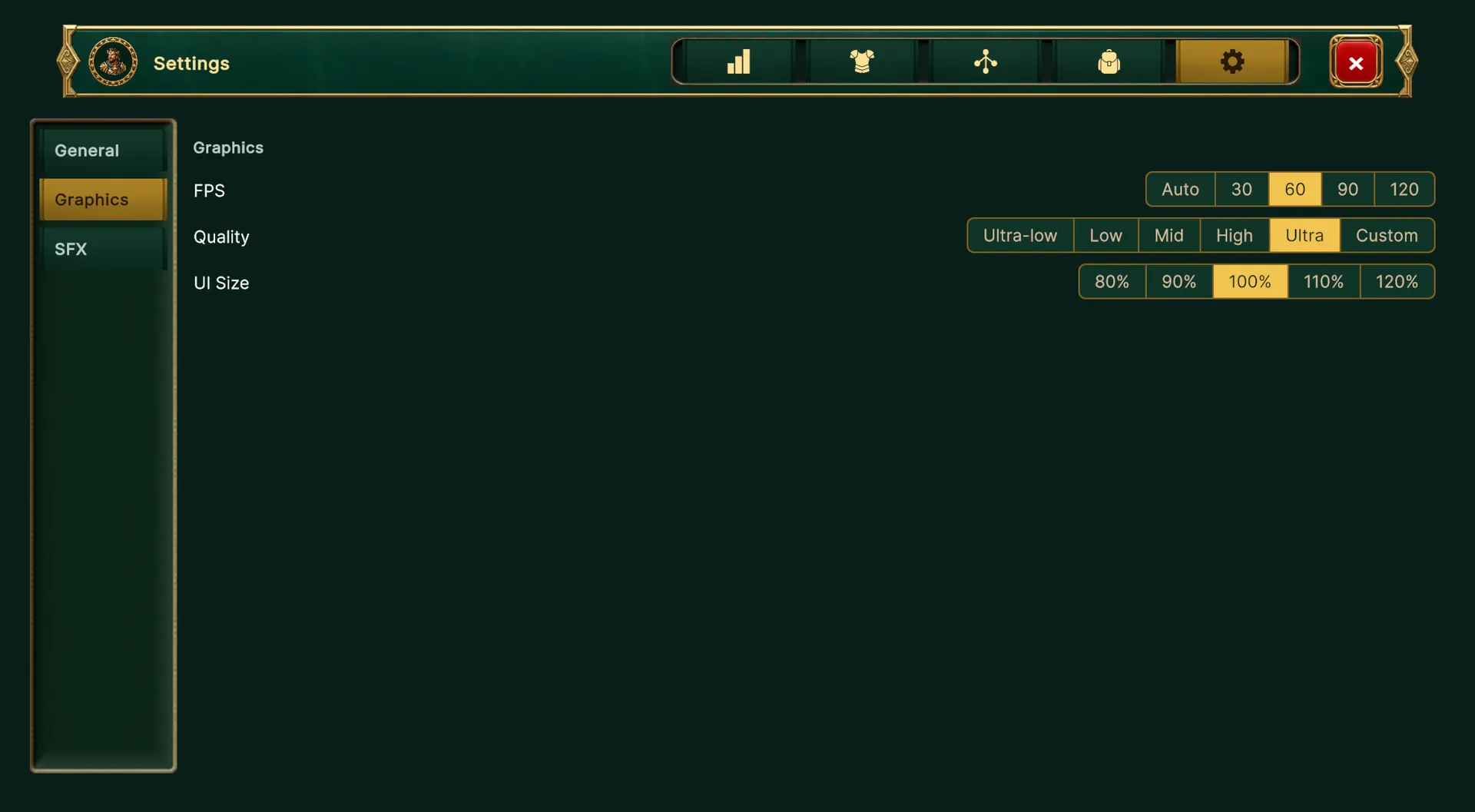 The graphics settings screen with its quality presets