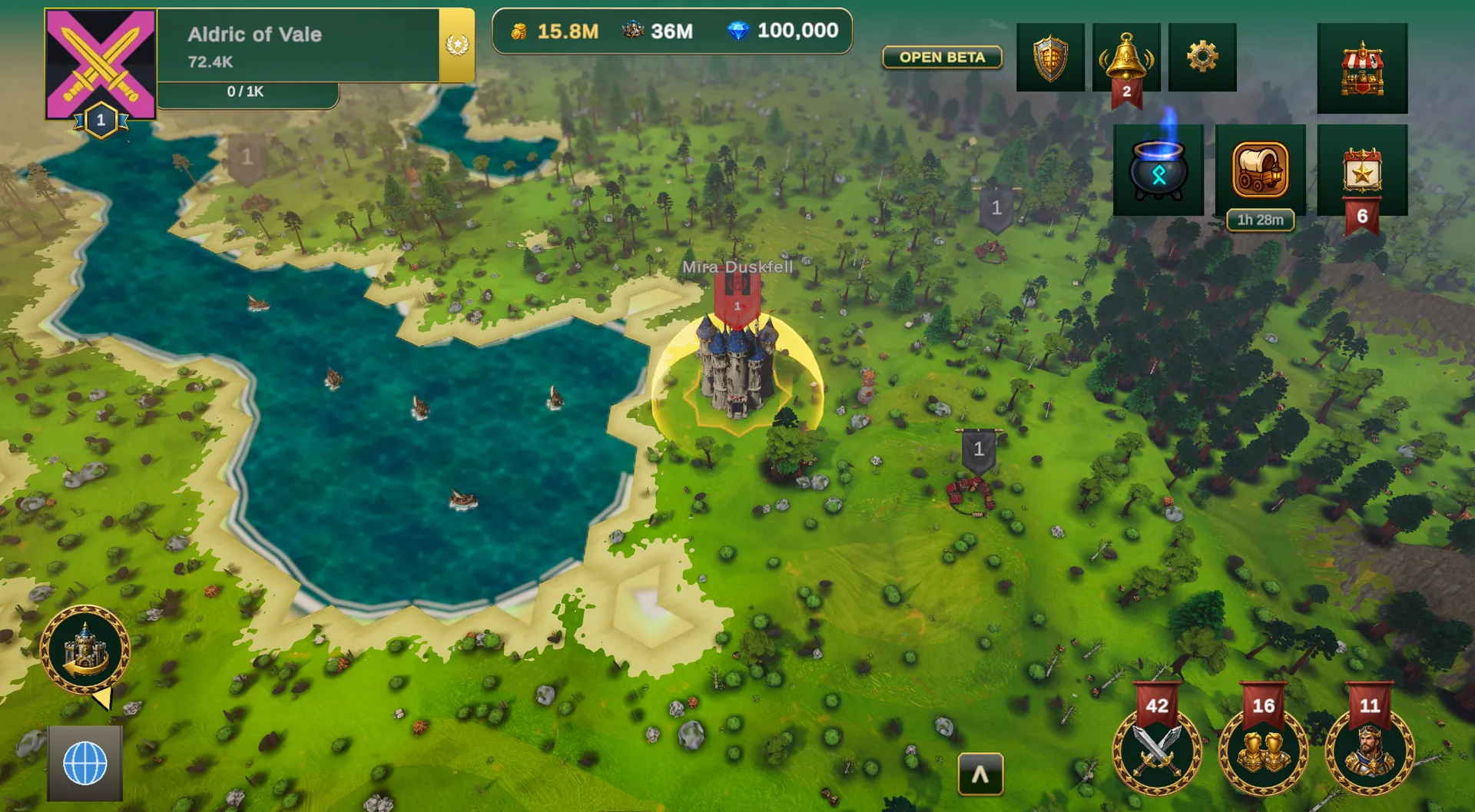 A protected city glowing gold on the map